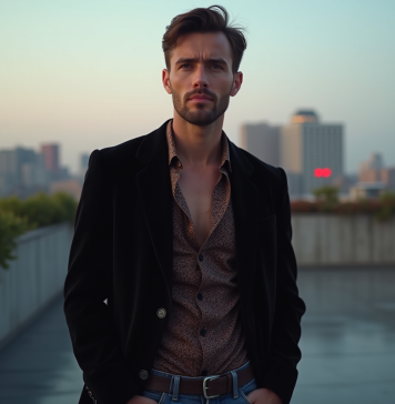 Tenue soirée année 90 homme : conseils pour bien s’habiller Homme en blazer noir et chemise en soie lors d'une fête urbaine