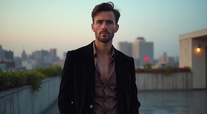 Tenue soirée année 90 homme : conseils pour bien s’habiller Homme en blazer noir et chemise en soie lors d'une fête urbaine