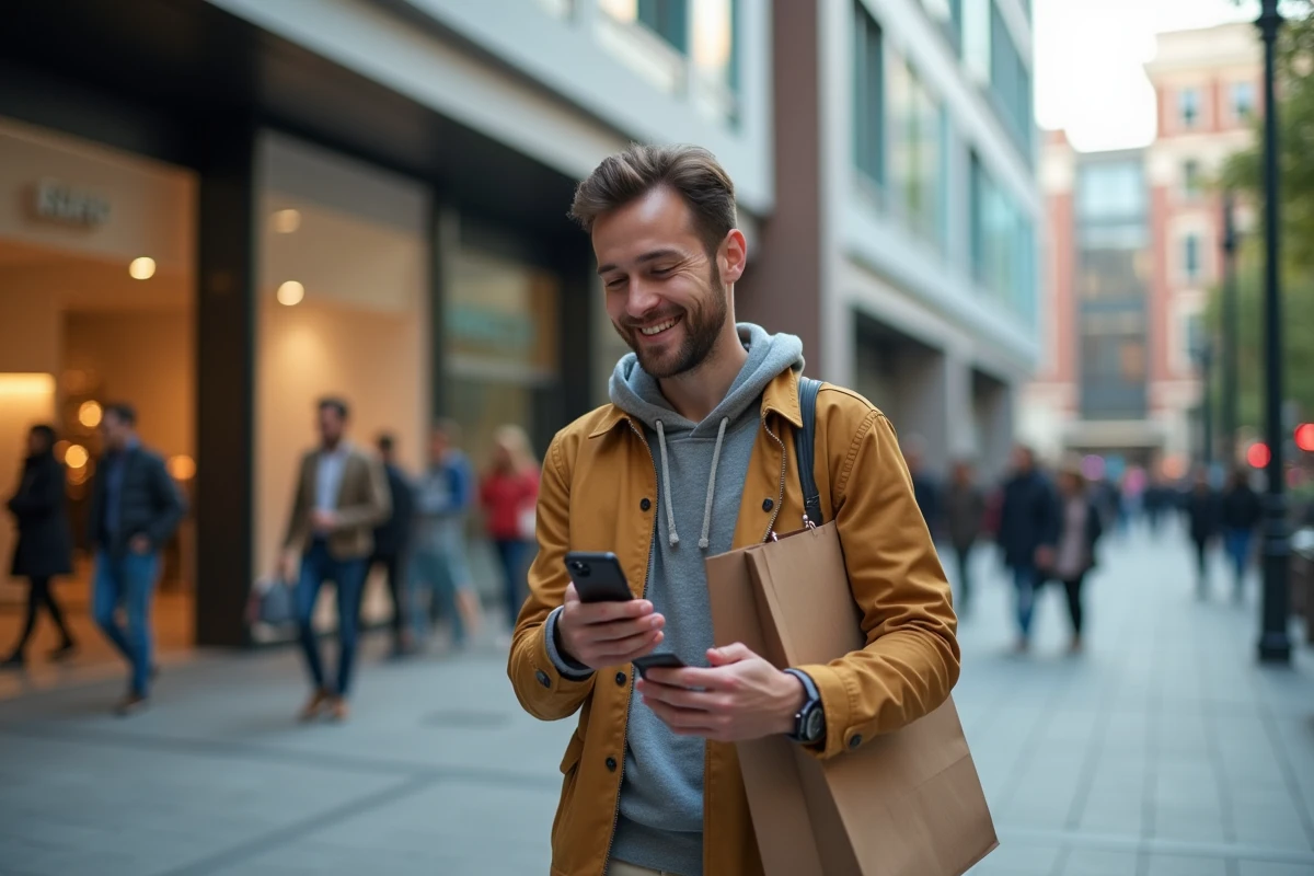 Homme heureux avec sac de shopping devant un centre commercial