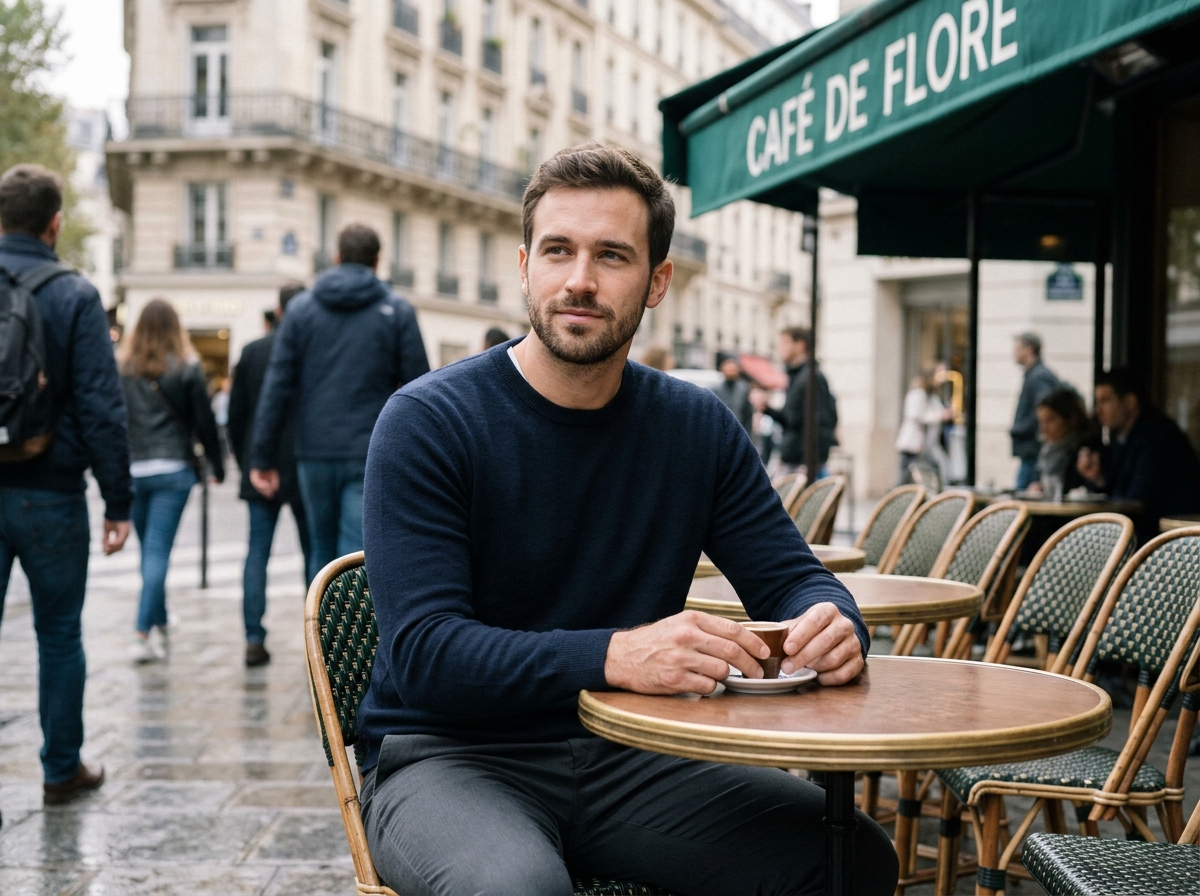 Homme en pull marine assis en terrasse de café parisien, look élégant et décontracté sans ostentation
