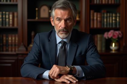 Homme d'âge moyen en costume navy ajusté regardant sa montre