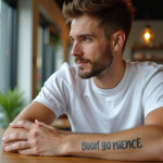 Homme avec tatouage inspirant dans un cafe lumineux