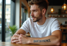 Homme avec tatouage inspirant dans un cafe lumineux