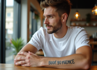 Homme avec tatouage inspirant dans un cafe lumineux
