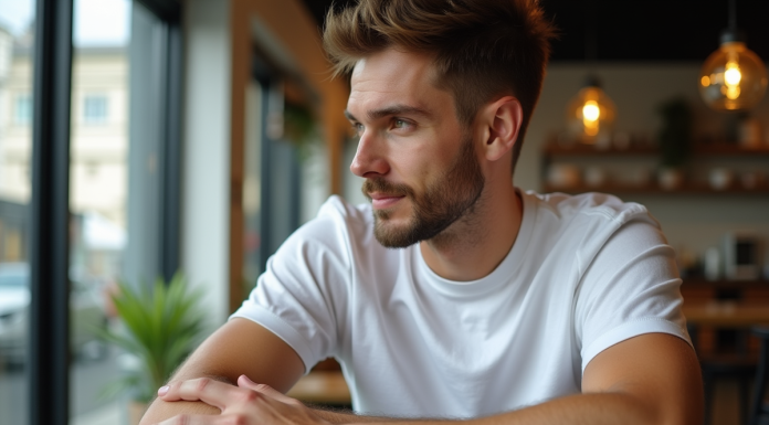 Homme avec tatouage inspirant dans un cafe lumineux