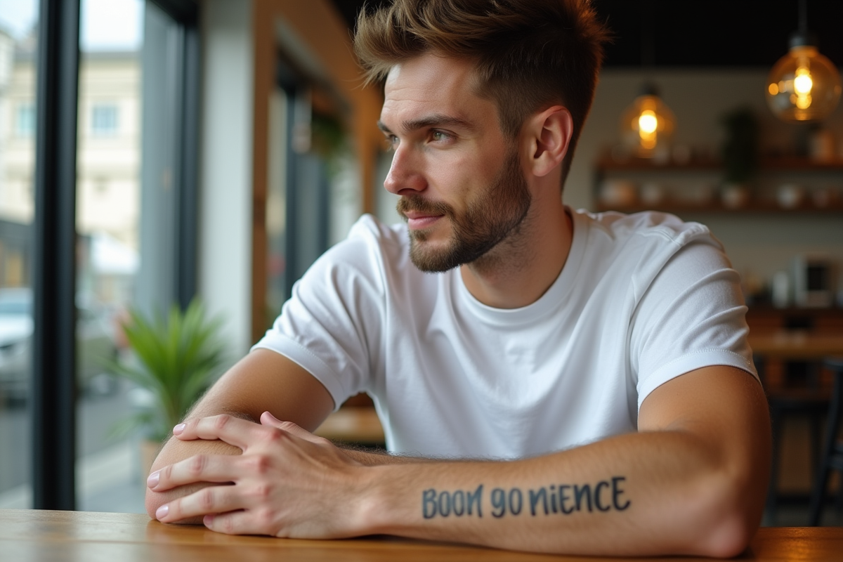 Homme avec tatouage inspirant dans un cafe lumineux