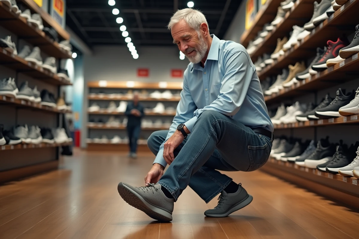 Homme v&eacute;rifiant la taille de ses chaussures de sport en magasin