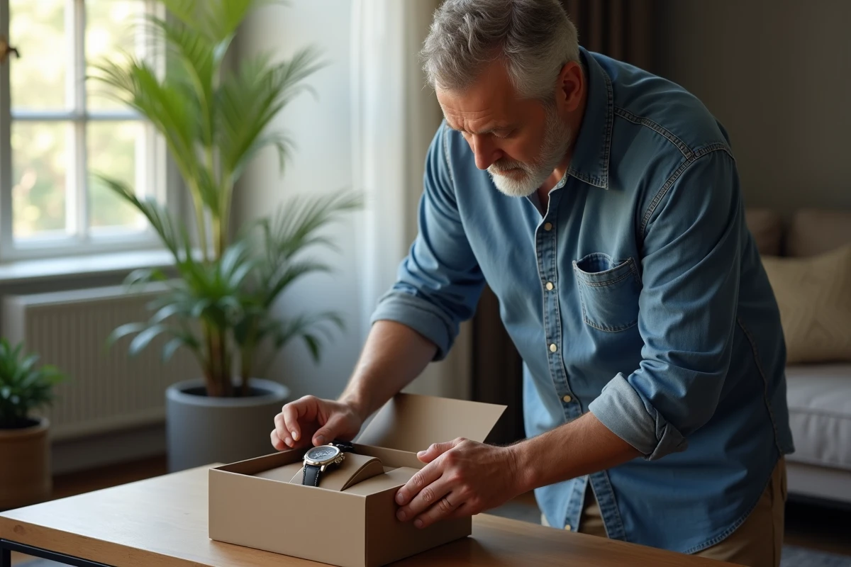 Homme déballant une montre dans un salon lumineux
