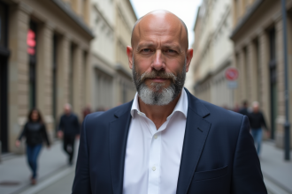 Homme chauve en costume dans la ville