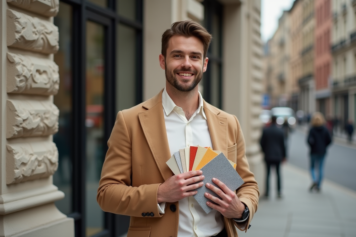 Jeune homme avec échantillons de couleur devant un bâtiment urbain