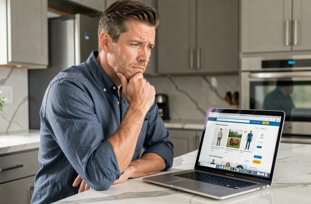 Homme manquant une offre de vente privée sur ordinateur portable dans une cuisine moderne