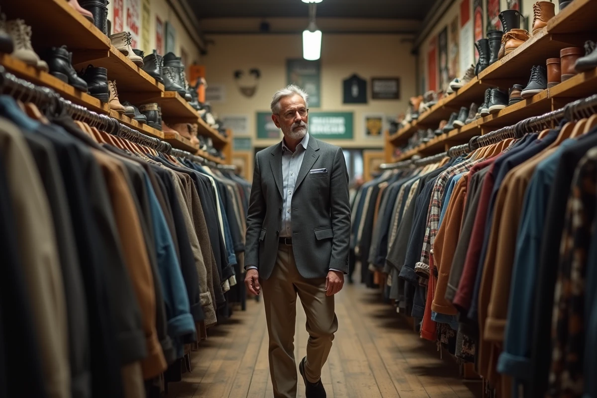 Homme regardant des vêtements vintage dans une boutique rétro