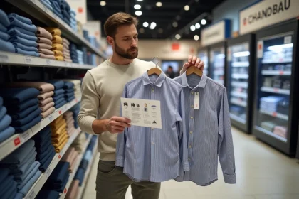Jeune homme examinant chemises Armor Lux en supermarche