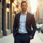 Homme en blazer dans une rue ensoleillee