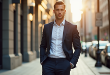 Homme en blazer dans une rue ensoleillee