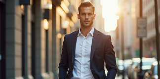 Homme en blazer dans une rue ensoleillee