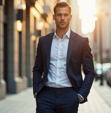 Homme en blazer dans une rue ensoleillee
