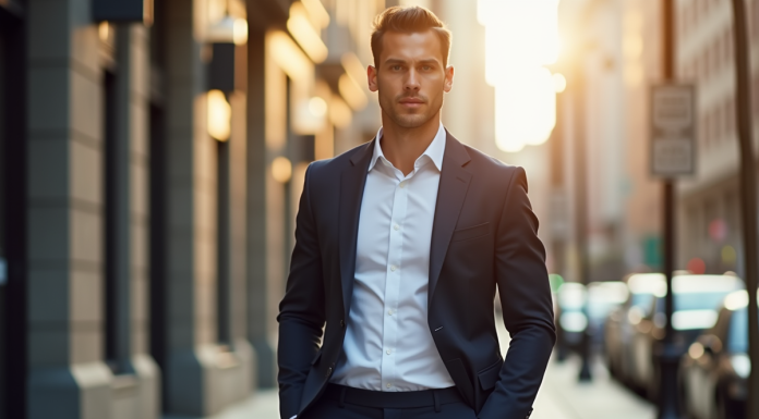 Homme en blazer dans une rue ensoleillee