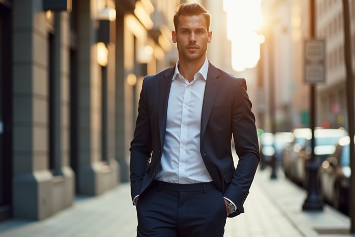 Homme en blazer dans une rue ensoleillee