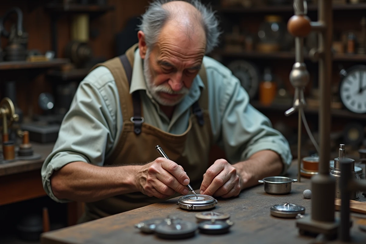 Artisan horloger gravant le dos d'une montre homme en argent avec un outil de précision dans un atelier traditionnel