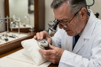 Horloger expert examinant une montre de luxe Rolex à la loupe dans un atelier professionnel