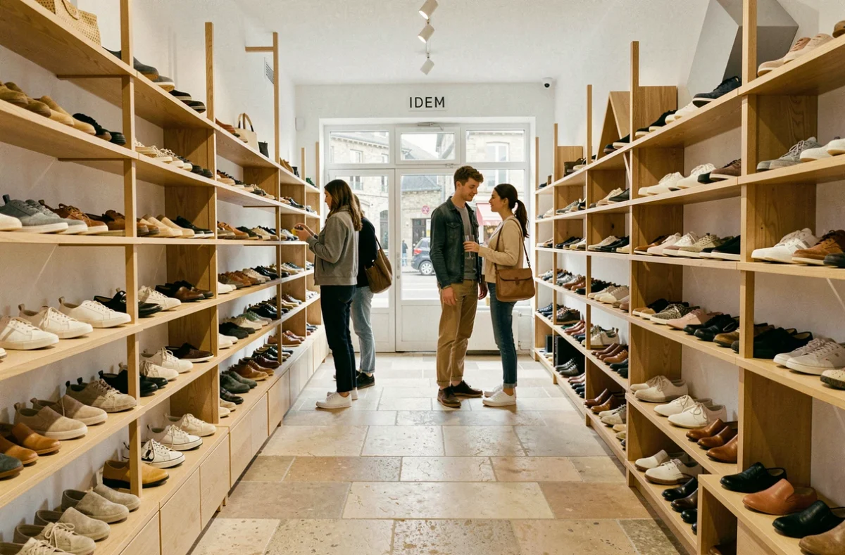 Couple parcourant une sélection éclectique de chaussures chez Idem à Vannes, boutique indépendante au design scandinave