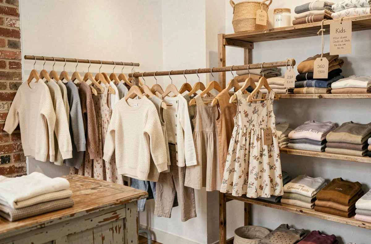 Boutique indépendante Inside Kids à Clermont-Ferrand avec une sélection soignée de vêtements pour enfants sur des cintres en bois naturel