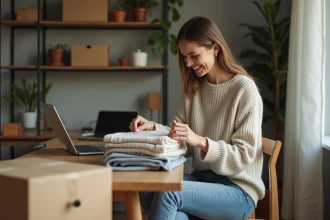 Jeune femme inspectant des vetements dans son appartement cosy