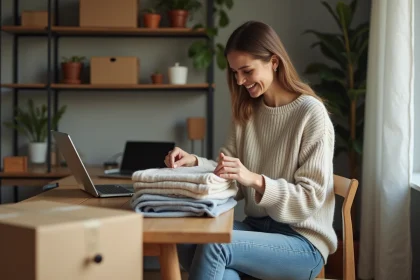Jeune femme inspectant des vetements dans son appartement cosy