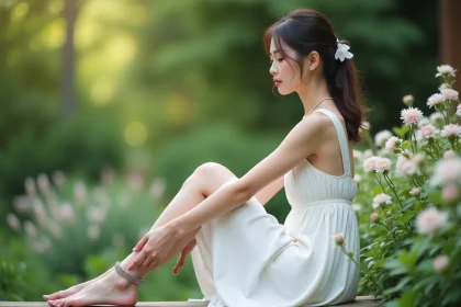 Jeune femme en robe blanche ajuste une anklet dans un jardin