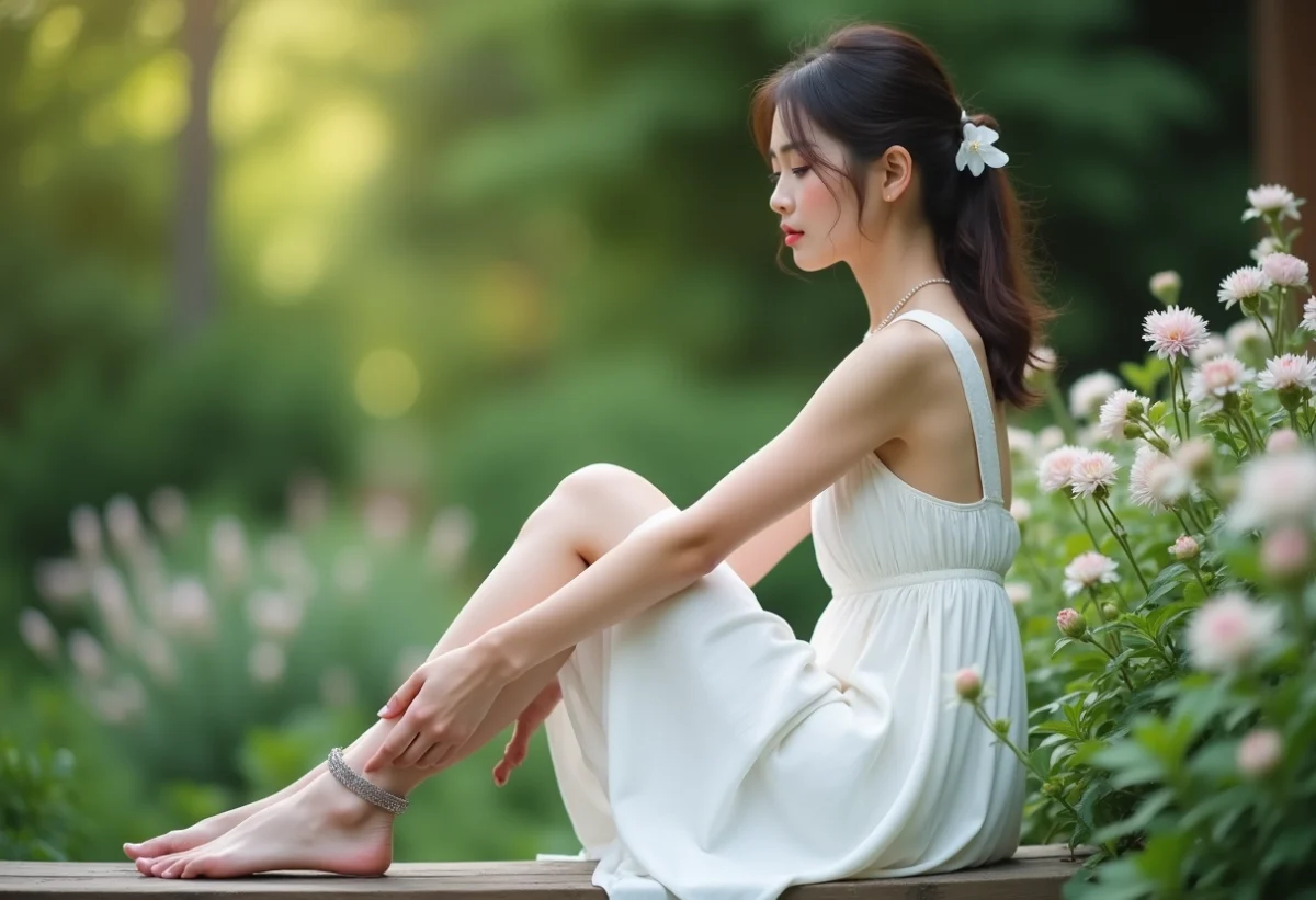 Jeune femme en robe blanche ajuste une anklet dans un jardin