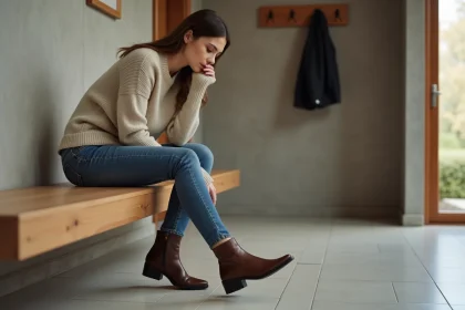 Jeune femme en jeans et pull en laine ajuste ses chaussures en cuir