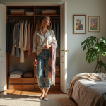 Jeune femme confiante choisissant des vêtements dans une garde-robe lumineuse