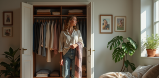 Jeune femme confiante choisissant des vêtements dans une garde-robe lumineuse