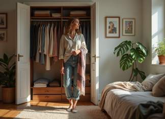Jeune femme confiante choisissant des vêtements dans une garde-robe lumineuse