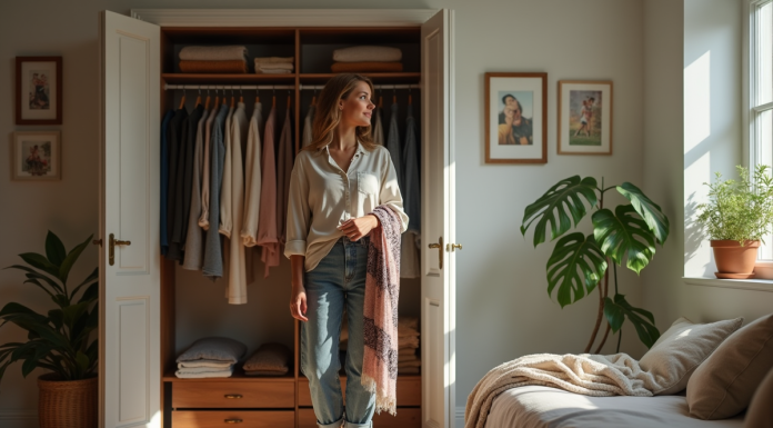 Jeune femme confiante choisissant des vêtements dans une garde-robe lumineuse