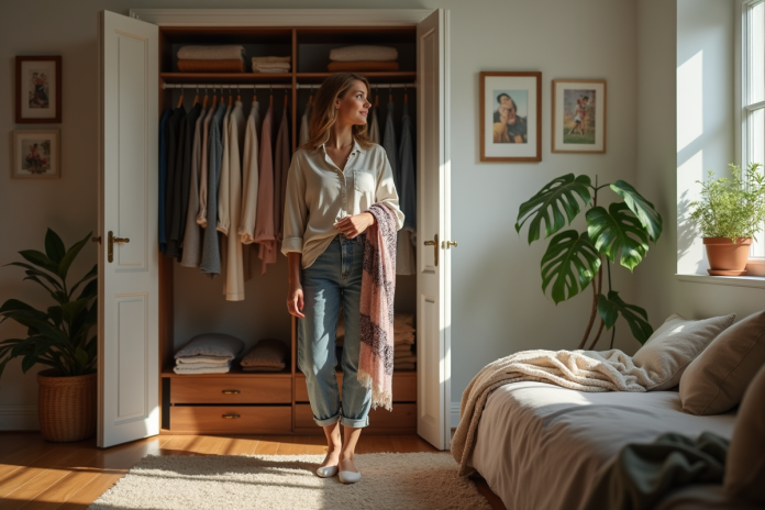 jeune-femme-choix-vetements Jeune femme confiante choisissant des vêtements dans une garde-robe lumineuse