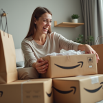 Jeune femme heureuse déballant colis Prime à la maison
