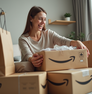Jeune femme heureuse déballant colis Prime à la maison