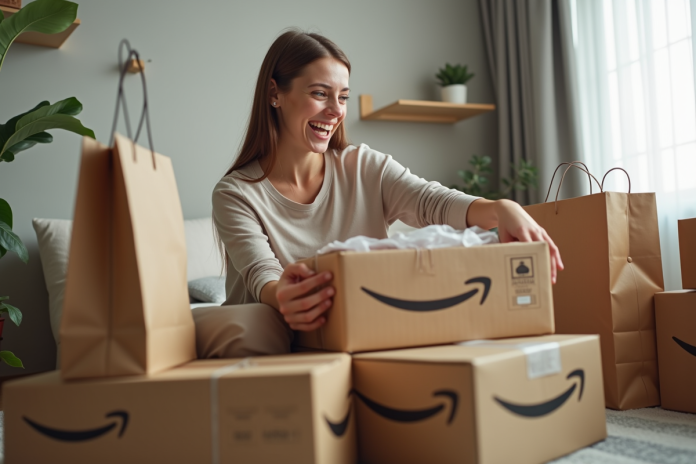 jeune-femme-deballant-colis-prime Jeune femme heureuse déballant colis Prime à la maison