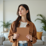 Jeune femme contemplant un échantillon de tissu marron