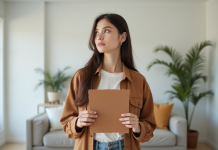 Jeune femme contemplant un échantillon de tissu marron