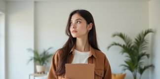 Jeune femme contemplant un échantillon de tissu marron