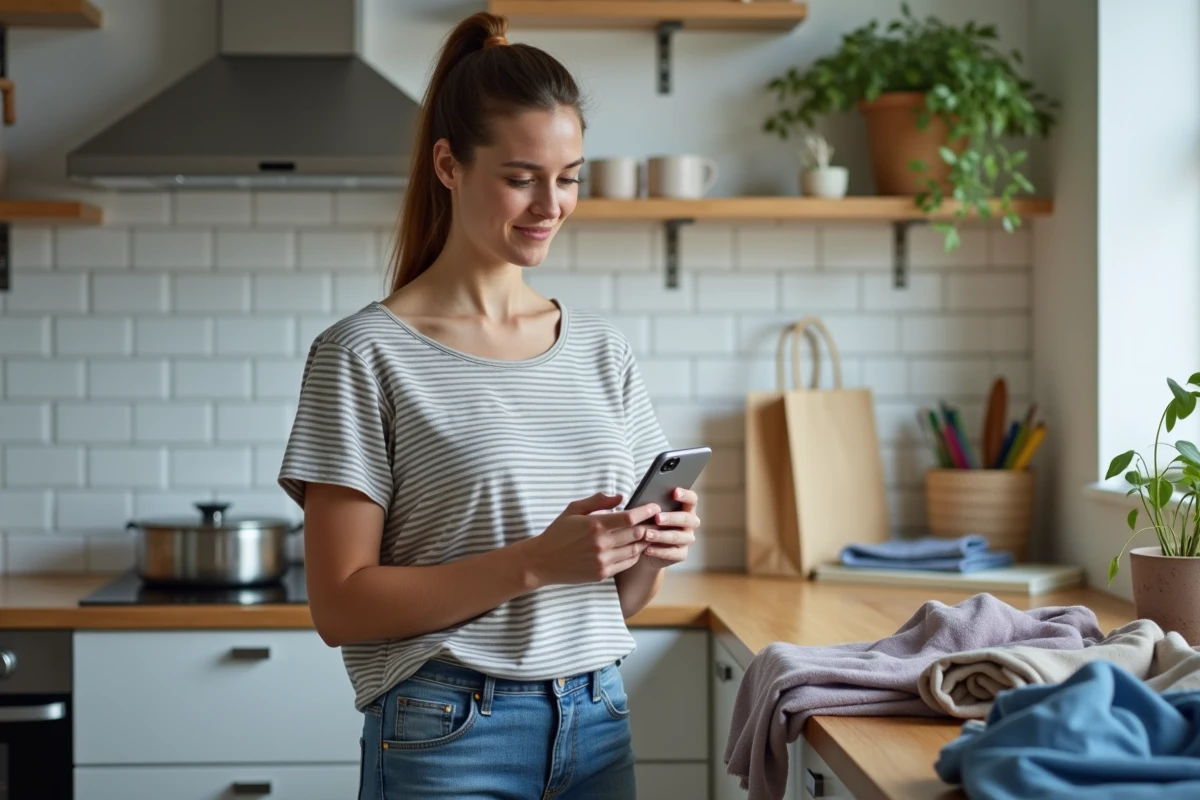 Jeune femme vérifiant le statut de remboursement Sellpy sur son smartphone entourée d'articles de seconde main