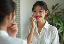Jeune femme appliquant rouge à lèvres dans la salle de bain