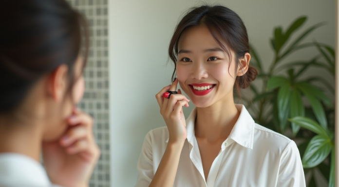 Rouge à lèvres rouge : qui peut le porter ? Astuces et conseils Jeune femme appliquant rouge à lèvres dans la salle de bain
