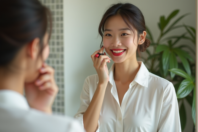 Jeune femme appliquant rouge à lèvres dans la salle de bain