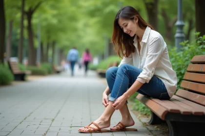 Jeune femme assise dans un parc urbain en sandales