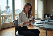 Jeune femme en tenue casual travaillant à Paris