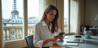 Jeune femme en tenue casual travaillant à Paris